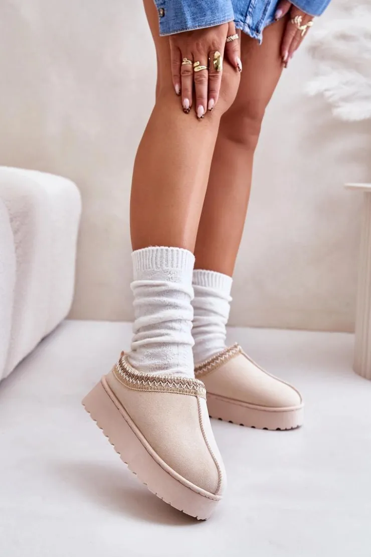 Boto Śniegowce Damskie Na Platformie Ocieplane Futerkiem Jasnobeżowe Remenia Beżowy