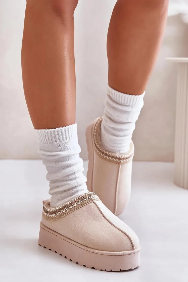 Boto Śniegowce Damskie Na Platformie Ocieplane Futerkiem Jasnobeżowe Remenia Beżowy