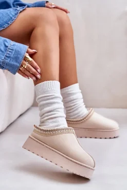 Boto Śniegowce Damskie Na Platformie Ocieplane Futerkiem Jasnobeżowe Remenia Beżowy