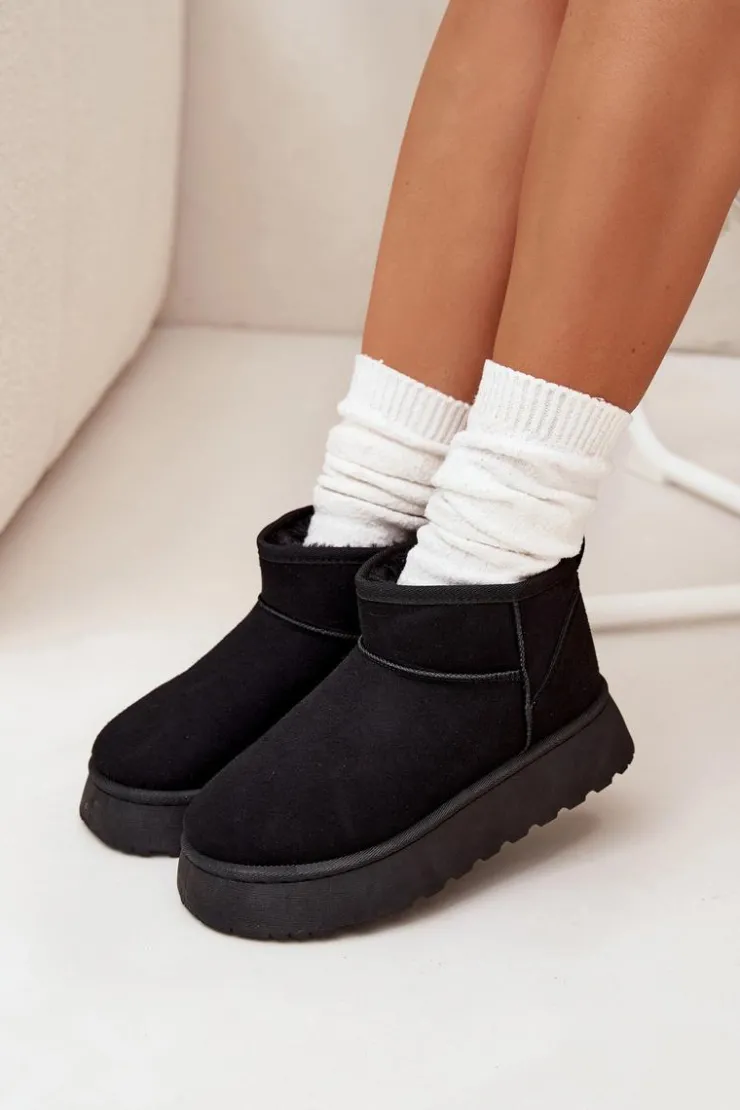 Sale Boto Śniegowce Damskie Na Platformie Ocieplane Futerkiem Czarne Vesirae Czarny