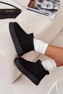 Sale Boto Śniegowce Damskie Na Platformie Ocieplane Futerkiem Czarne Vesirae Czarny