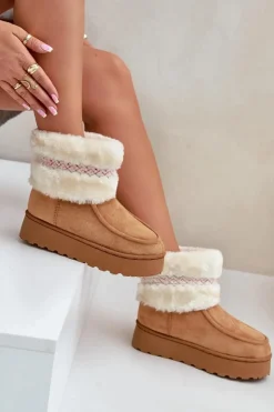 Boto Śniegowce Damskie*Śniegowce Damskie Na Platformie Z Futerkiem I Wzorem Camel Deepanti Brązowy