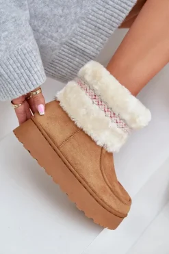 Boto Śniegowce Damskie*Śniegowce Damskie Na Platformie Z Futerkiem I Wzorem Camel Deepanti Brązowy