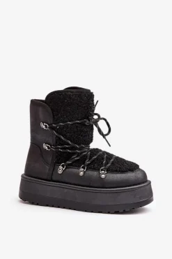 New Boto Śniegowce Damskie Na Platformie Z Wiązaniem Czarne Riaviana