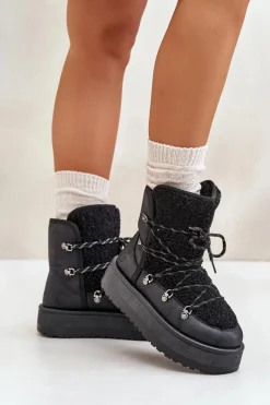 New Boto Śniegowce Damskie Na Platformie Z Wiązaniem Czarne Riaviana