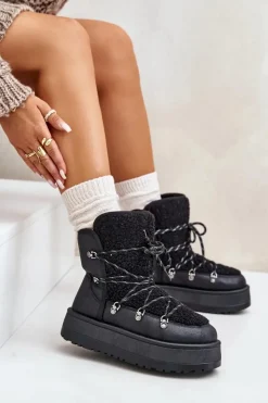 New Boto Śniegowce Damskie Na Platformie Z Wiązaniem Czarne Riaviana