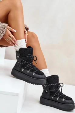 New Boto Śniegowce Damskie Na Platformie Z Wiązaniem Czarne Riaviana