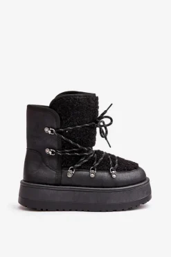 New Boto Śniegowce Damskie Na Platformie Z Wiązaniem Czarne Riaviana