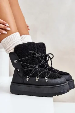 New Boto Śniegowce Damskie Na Platformie Z Wiązaniem Czarne Riaviana