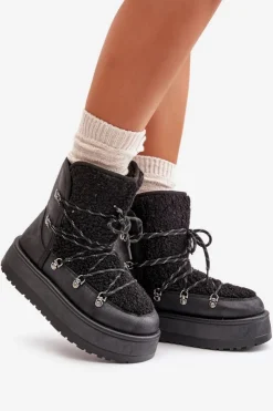 New Boto Śniegowce Damskie Na Platformie Z Wiązaniem Czarne Riaviana