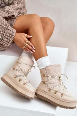 Boto Śniegowce Damskie*Śniegowce Damskie Na Platformie Z Wiązaniem Jasnobeżowe Riaviana Beżowy