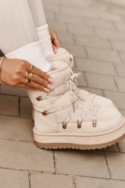 Boto Śniegowce Damskie*Śniegowce Damskie Na Platformie Z Wiązaniem Jasnobeżowe Riaviana Beżowy