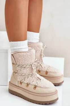 Boto Śniegowce Damskie*Śniegowce Damskie Na Platformie Z Wiązaniem Jasnobeżowe Riaviana Beżowy