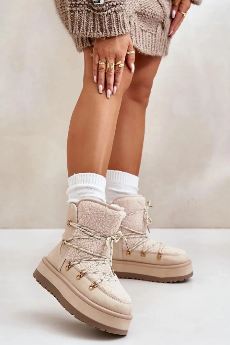 Boto Śniegowce Damskie*Śniegowce Damskie Na Platformie Z Wiązaniem Jasnobeżowe Riaviana Beżowy