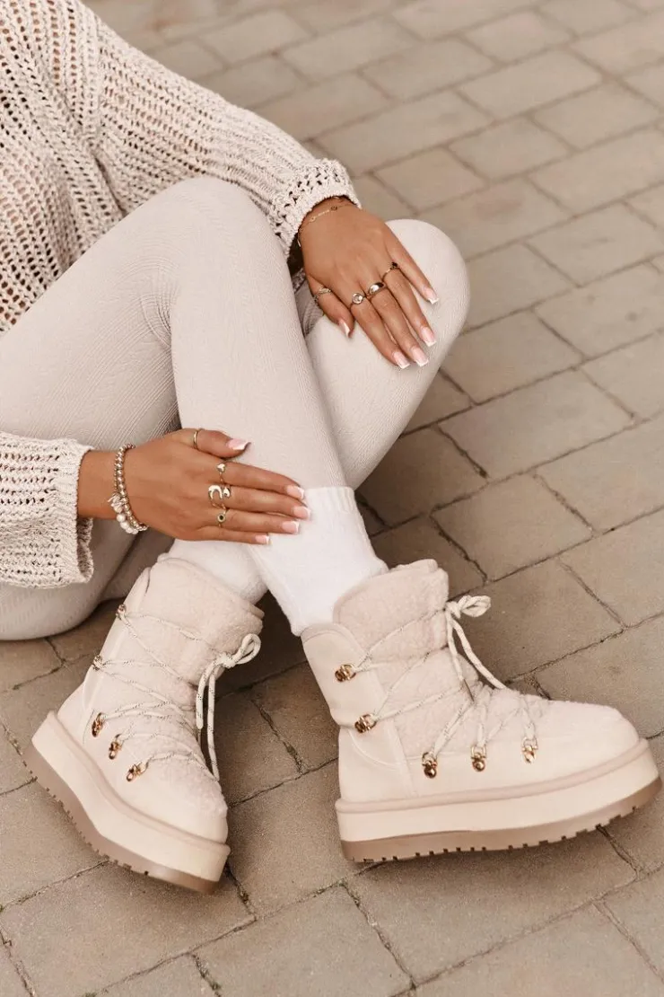 Boto Śniegowce Damskie*Śniegowce Damskie Na Platformie Z Wiązaniem Jasnobeżowe Riaviana Beżowy