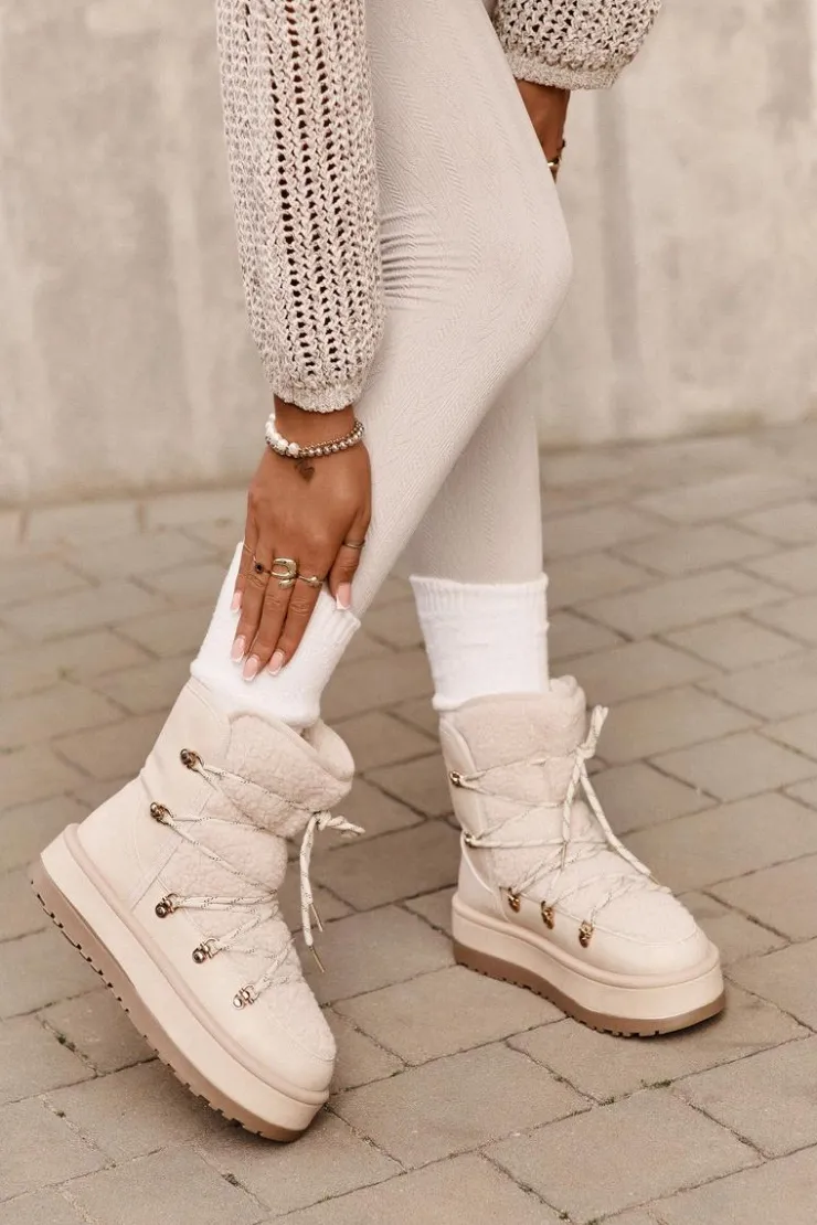 Boto Śniegowce Damskie*Śniegowce Damskie Na Platformie Z Wiązaniem Jasnobeżowe Riaviana Beżowy