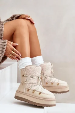 Boto Śniegowce Damskie*Śniegowce Damskie Na Platformie Z Wiązaniem Jasnobeżowe Riaviana Beżowy