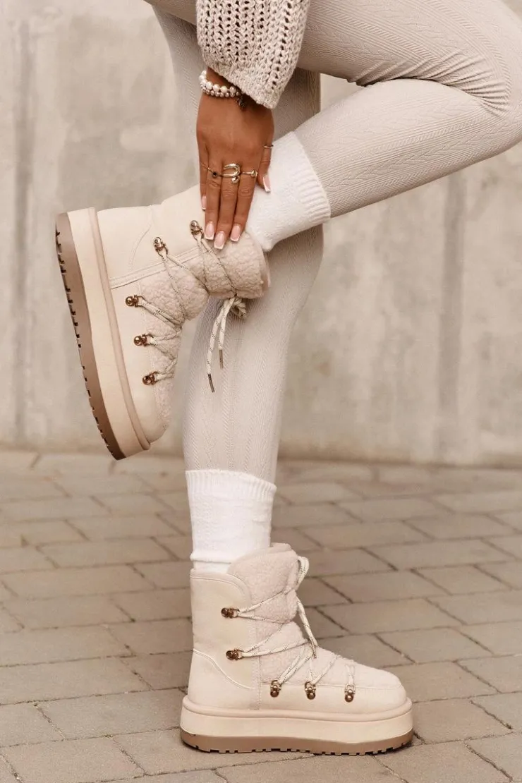 Boto Śniegowce Damskie*Śniegowce Damskie Na Platformie Z Wiązaniem Jasnobeżowe Riaviana Beżowy