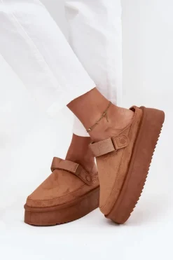 Boto Śniegowce Damskie|Kapcie Klasyczne*Śniegowce Damskie Na Platformie Z Rzepem Camel Jorielle Brązowy