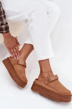 Boto Śniegowce Damskie|Kapcie Klasyczne*Śniegowce Damskie Na Platformie Z Rzepem Camel Jorielle Brązowy