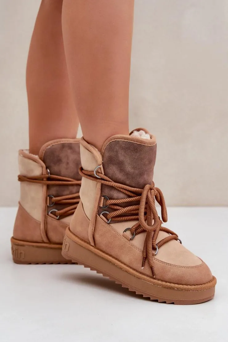 Clearance D.Franklin Śniegowce Damskie Na Platformie Z Wiązaniem DFSH370013 Camel