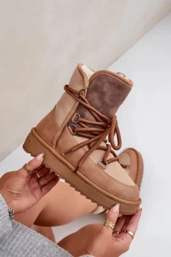 Clearance D.Franklin Śniegowce Damskie Na Platformie Z Wiązaniem DFSH370013 Camel