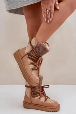 Clearance D.Franklin Śniegowce Damskie Na Platformie Z Wiązaniem DFSH370013 Camel