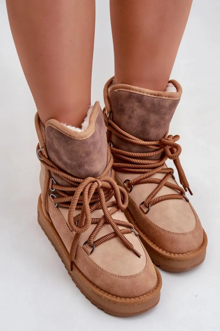 Clearance D.Franklin Śniegowce Damskie Na Platformie Z Wiązaniem DFSH370013 Camel