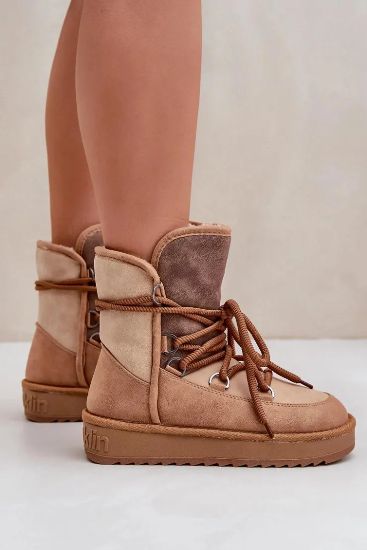 Clearance D.Franklin Śniegowce Damskie Na Platformie Z Wiązaniem DFSH370013 Camel
