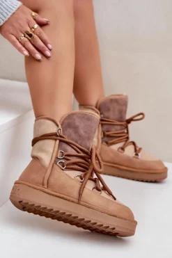 Clearance D.Franklin Śniegowce Damskie Na Platformie Z Wiązaniem DFSH370013 Camel