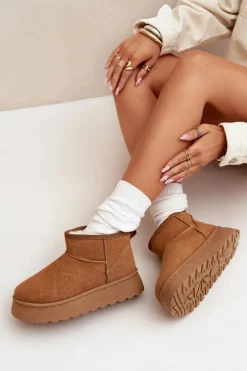 Boto Śniegowce Damskie*Śniegowce Damskie Na Platformie Ocieplane Futerkiem Camel Vesirae Brązowy