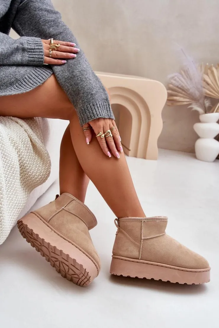 Boto Śniegowce Damskie Na Platformie Ocieplane Futerkiem Beżowe Xamella Beżowy