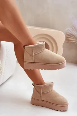 Boto Śniegowce Damskie Na Platformie Ocieplane Futerkiem Beżowe Xamella Beżowy