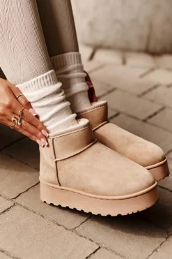 Boto Śniegowce Damskie Na Platformie Ocieplane Futerkiem Beżowe Xamella Beżowy