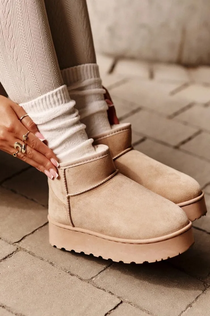 Boto Śniegowce Damskie Na Platformie Ocieplane Futerkiem Beżowe Xamella Beżowy