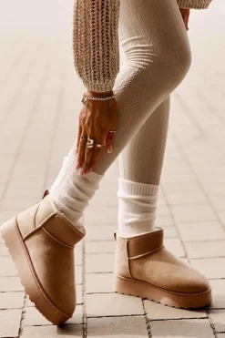 Boto Śniegowce Damskie Na Platformie Ocieplane Futerkiem Beżowe Xamella Beżowy