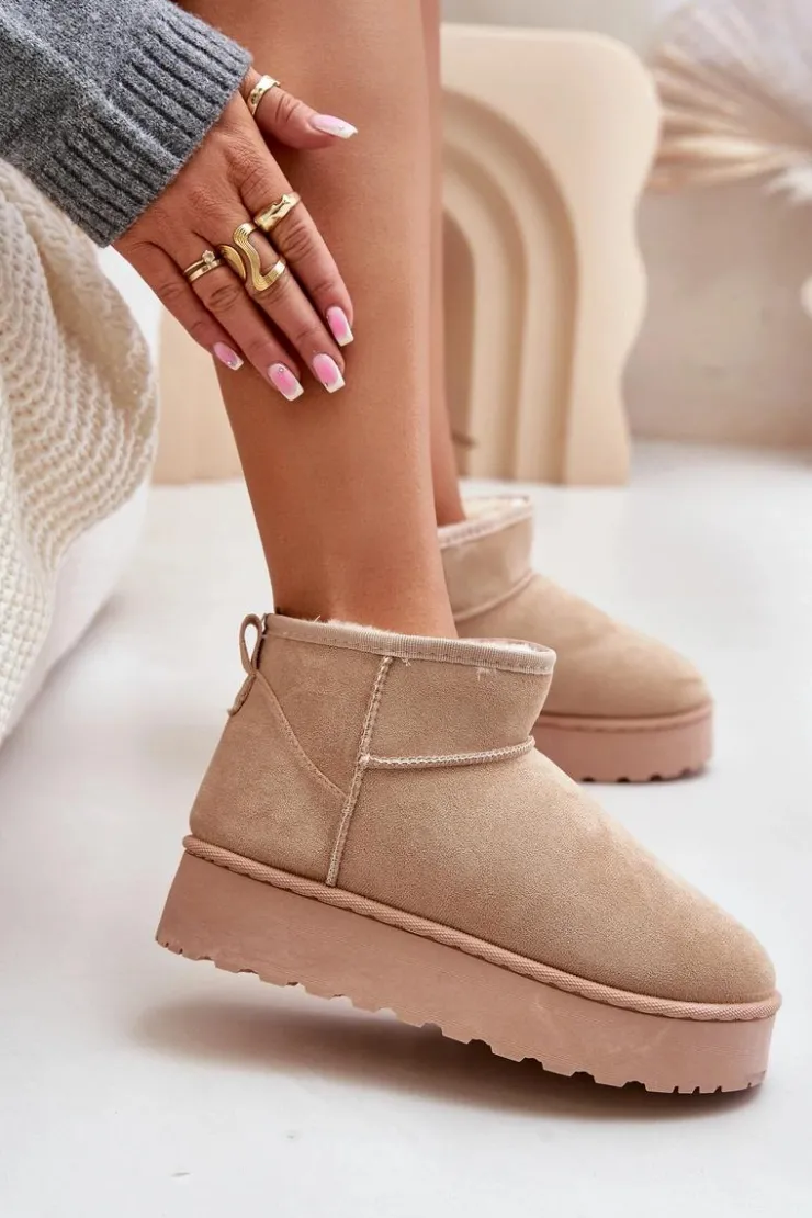 Boto Śniegowce Damskie Na Platformie Ocieplane Futerkiem Beżowe Xamella Beżowy