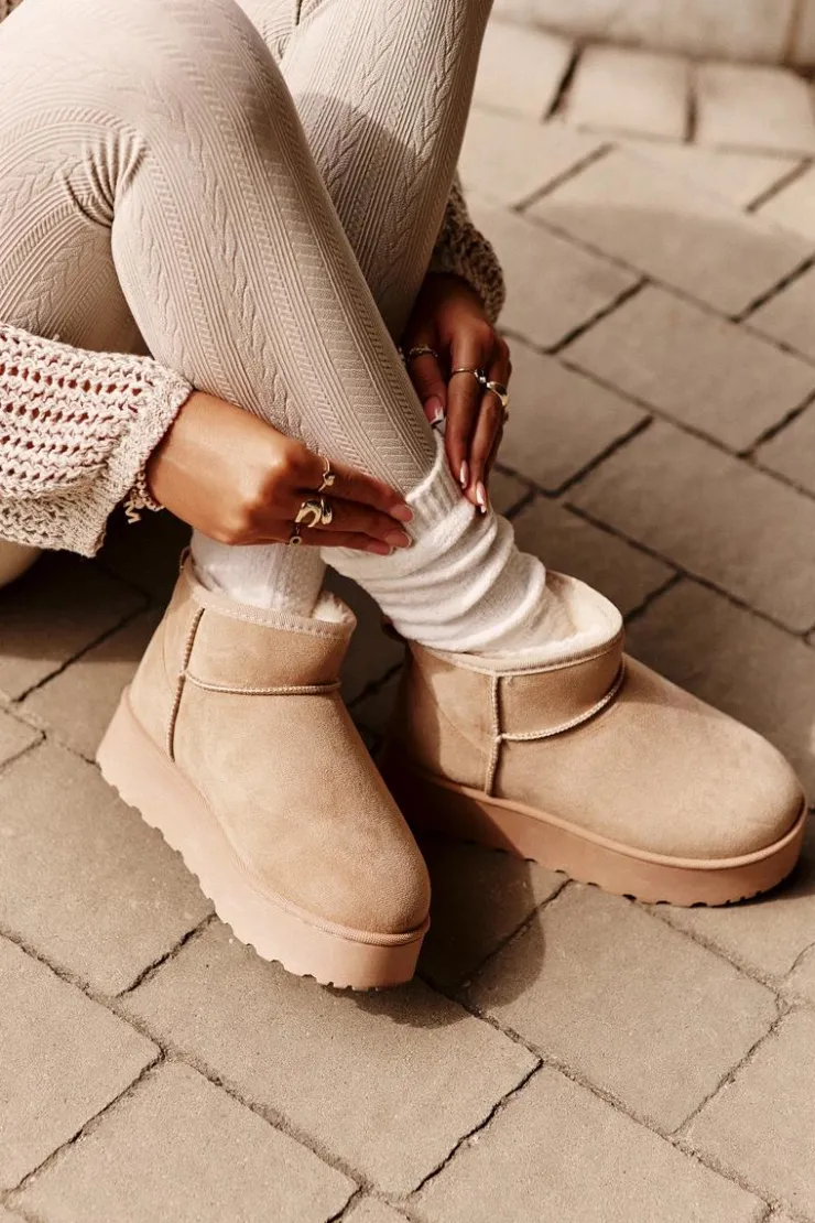 Boto Śniegowce Damskie Na Platformie Ocieplane Futerkiem Beżowe Xamella Beżowy