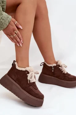 Boto Śniegowce Damskie*Śniegowce Damskie Na Platformie Z Futerkiem Typu Baranek Brązowe Luma