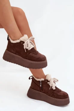 Boto Śniegowce Damskie*Śniegowce Damskie Na Platformie Z Futerkiem Typu Baranek Brązowe Luma