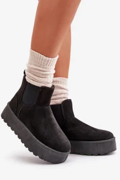 Outlet Boto Śniegowce Damskie Na Platformie Z Elastycznymi Wstawkami Czarne Rialine