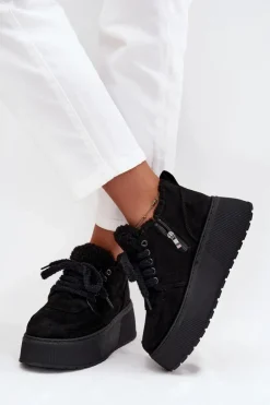 Damskie Boto Śniegowce Damskie Na Platformie Z Futerkiem Typu Baranek Czarne Luma