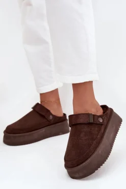 New Boto Śniegowce Damskie Na Platformie Z Rzepem Czekoladowe Jorielle