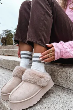 Damskie Boto Śniegowce Damskie Na Platformie Z Futerkiem I Haftem Beżowe Querina