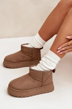 Boto Śniegowce Damskie*Śniegowce Damskie Na Platformie Ocieplane Futerkiem Khaki Vesirae Brązowy