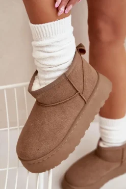 Boto Śniegowce Damskie*Śniegowce Damskie Na Platformie Ocieplane Futerkiem Khaki Vesirae Brązowy