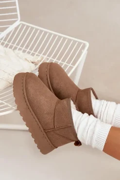 Boto Śniegowce Damskie*Śniegowce Damskie Na Platformie Ocieplane Futerkiem Khaki Vesirae Brązowy