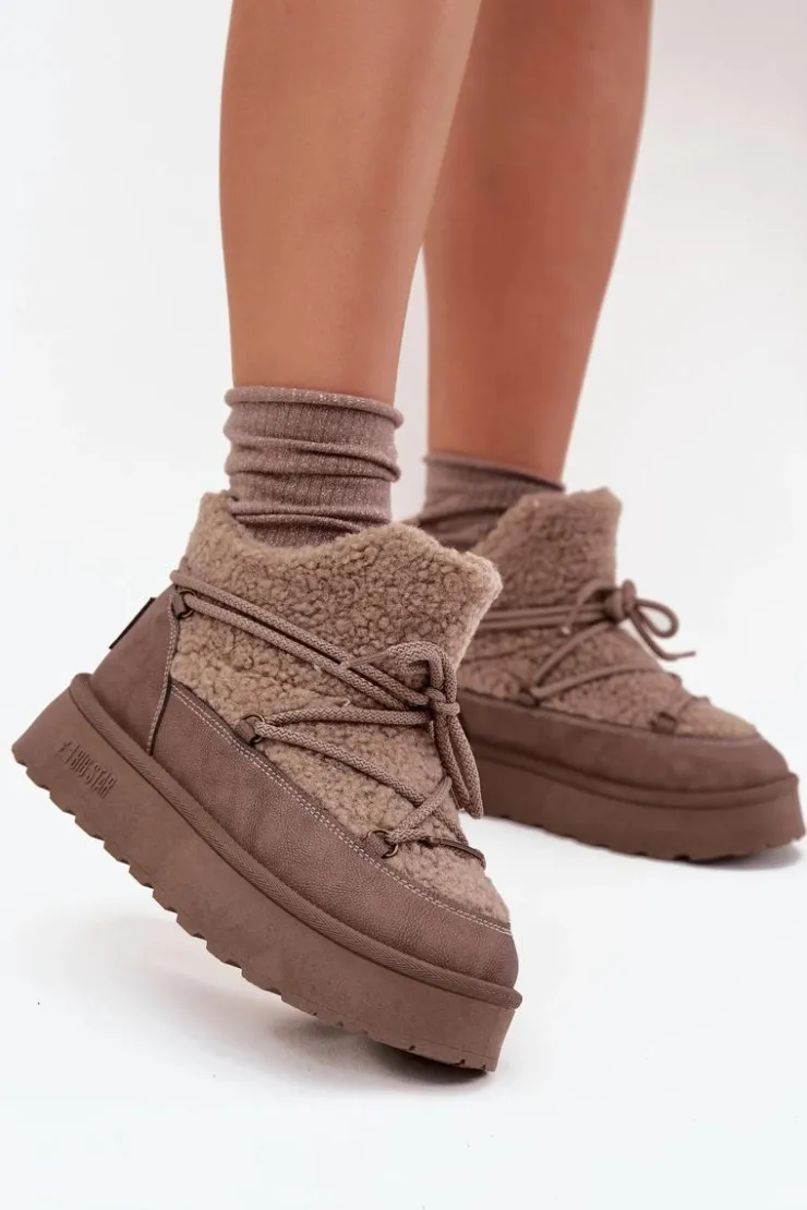 Outlet Big Star Shoes Śniegowce Damskie Na Platformie Z Futerkiem Typu Baranek Big Star SS274112 Brązowe Brązowy