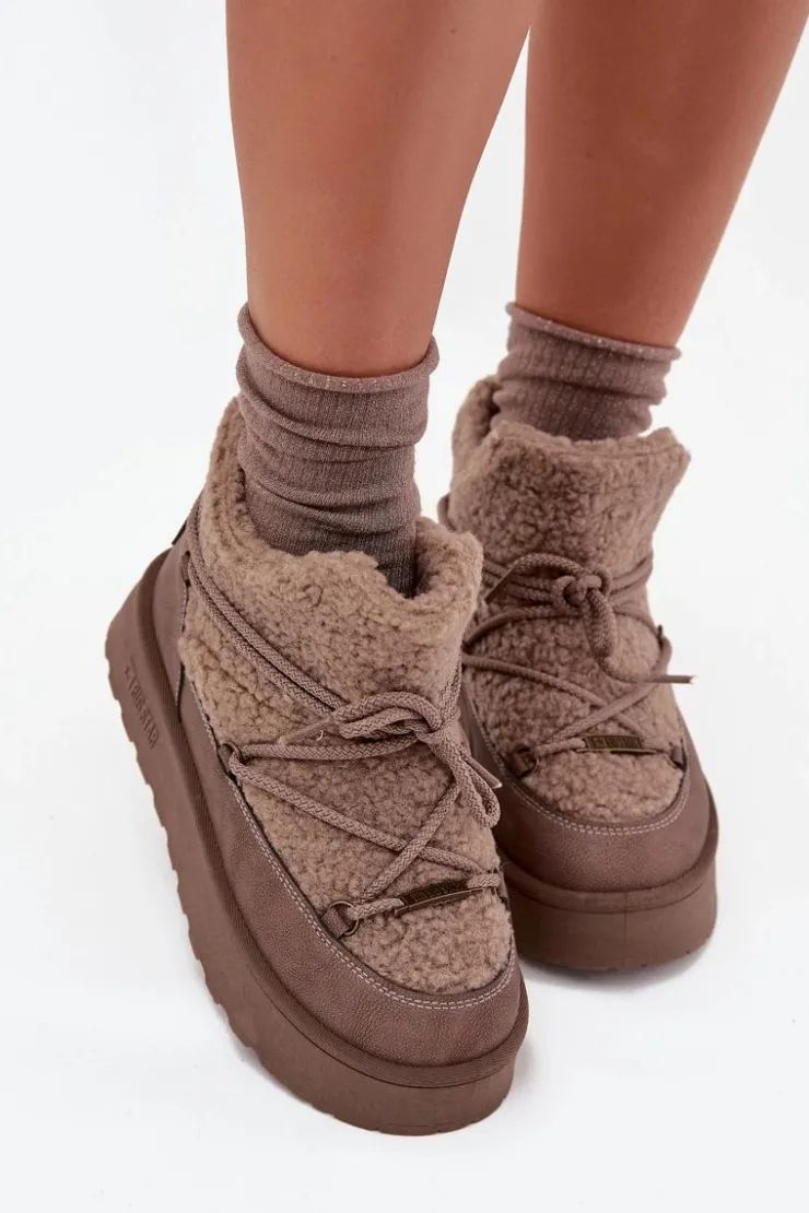 Outlet Big Star Shoes Śniegowce Damskie Na Platformie Z Futerkiem Typu Baranek Big Star SS274112 Brązowe Brązowy