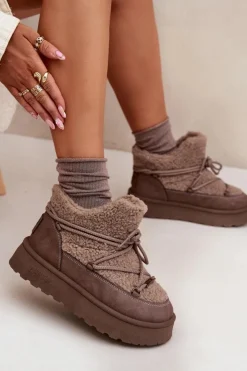 Outlet Big Star Shoes Śniegowce Damskie Na Platformie Z Futerkiem Typu Baranek Big Star SS274112 Brązowe Brązowy